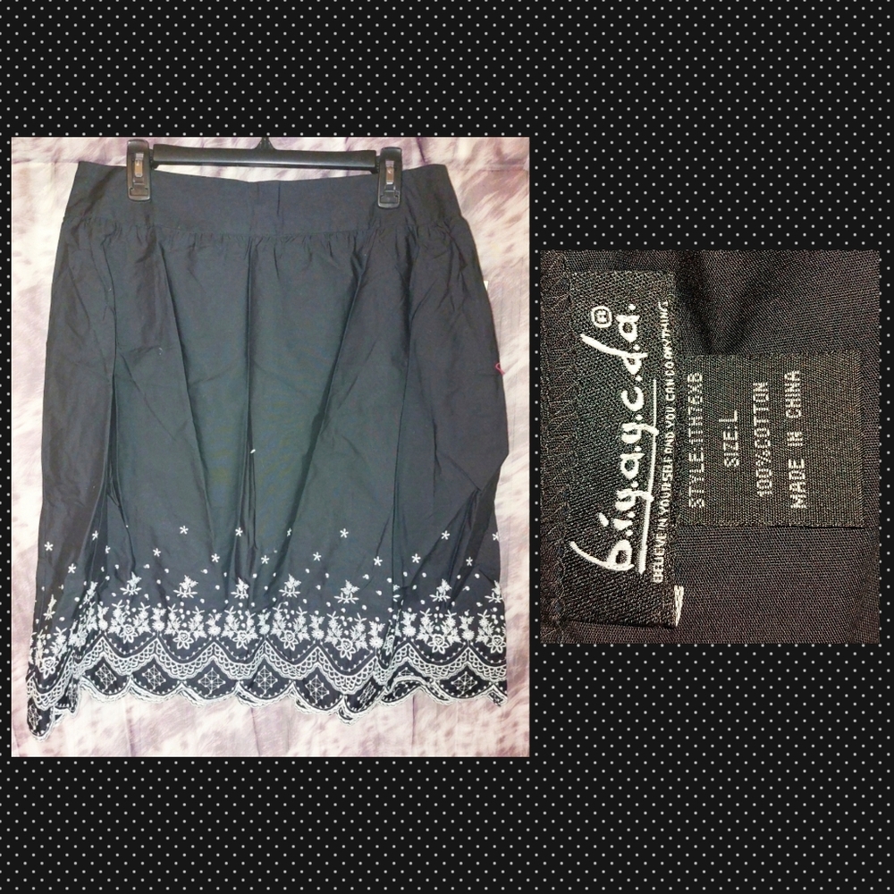 b.i.y.a.y.c.d.a. brand Black w/White Embroidered Trim Full A-Line Skirt Sz Large
